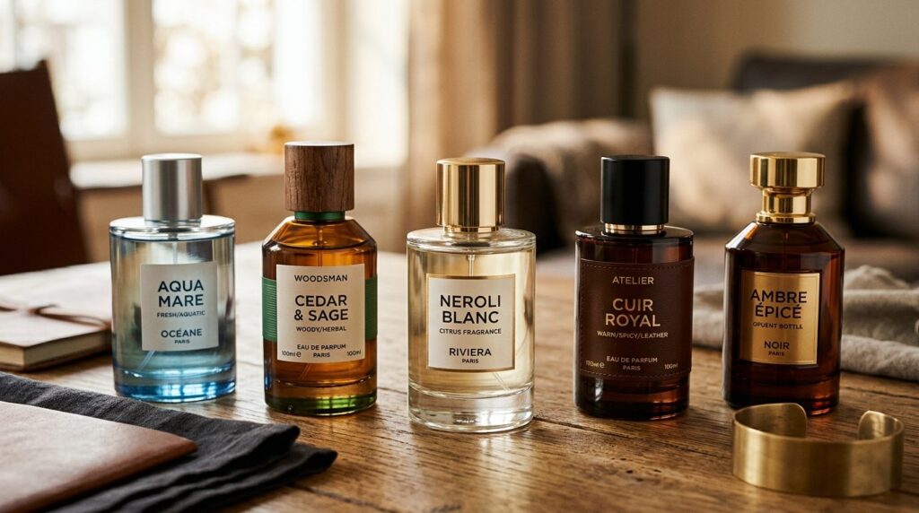 Close-up professional shot of multiple mens perfume bottles