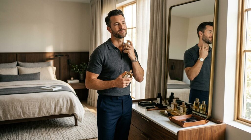 Professional lifestyle image of a stylish man applying fragr
