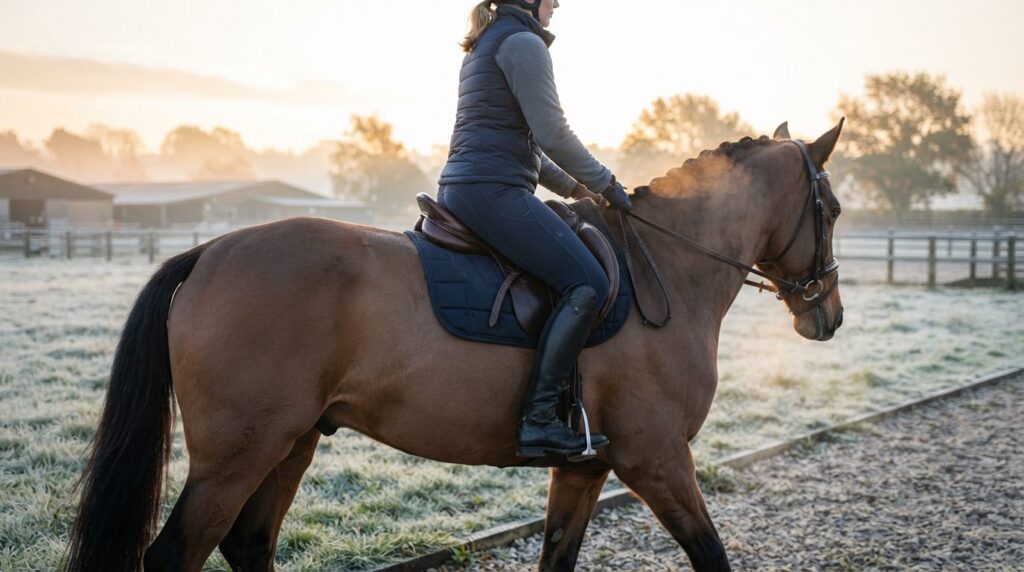 Photorealistic stockfoto, 16:9 format: Female equestrian rid