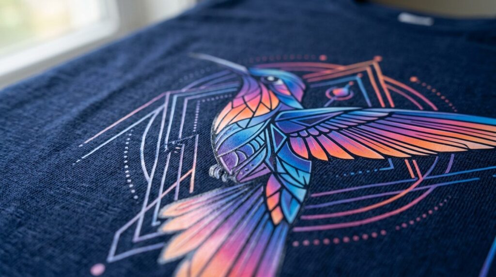 Close-up macro photography of DTF printed fabric detail on a