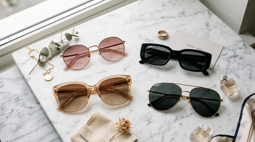 Flat lay product photography of four different womens sungl