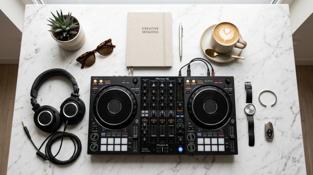 Flat lay product photography of a premium DJ controller with
