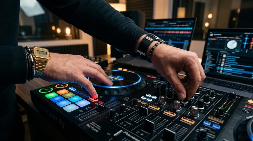 Close-up detail shot of hands using a professional DJ contro