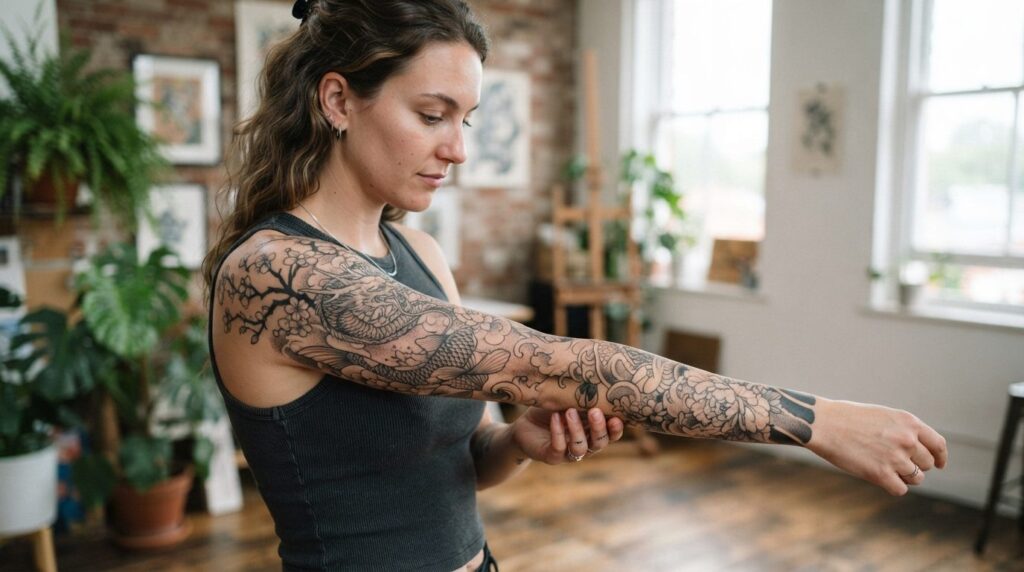 Wide-angle shot of a woman examining a detailed sleeve tatto