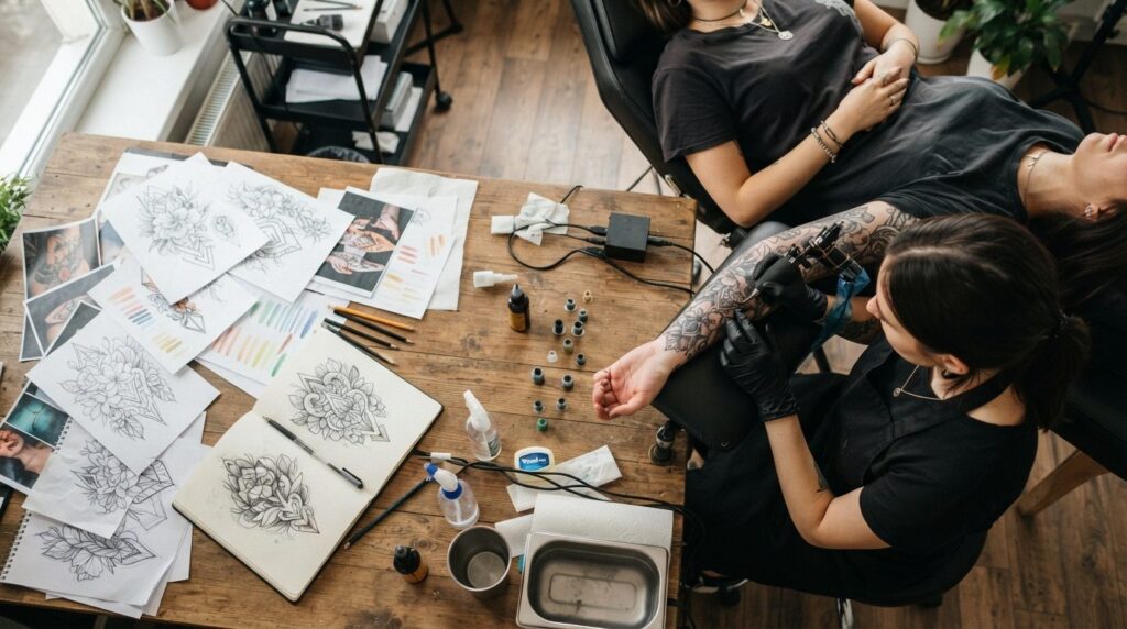 Overhead lifestyle photograph of a tattoo artists workspace