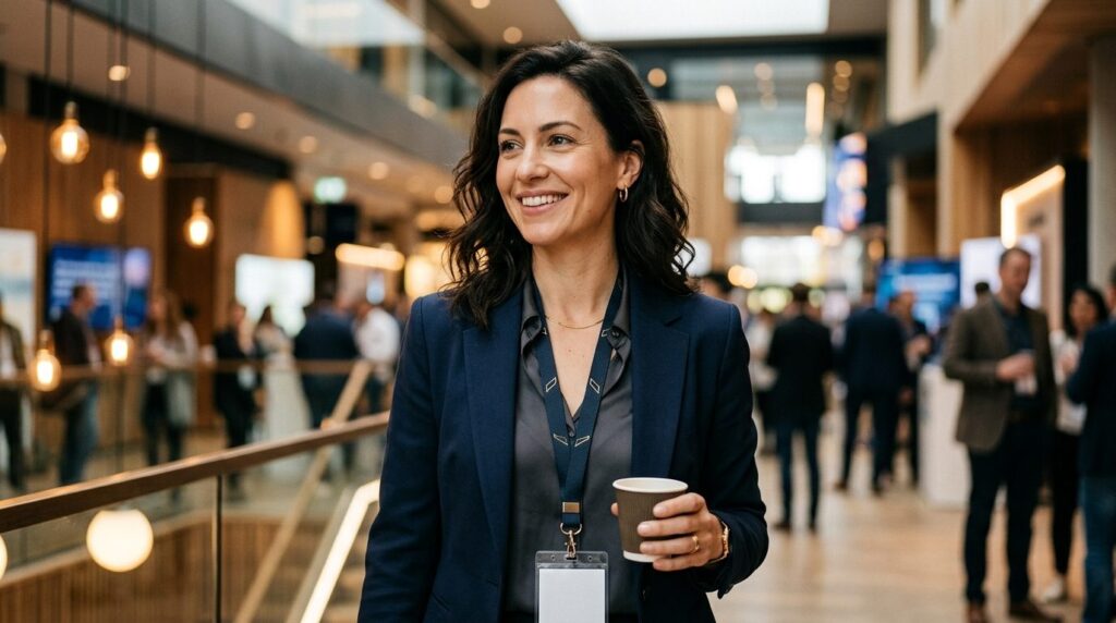 Close-up lifestyle shot of a professional woman at a modern