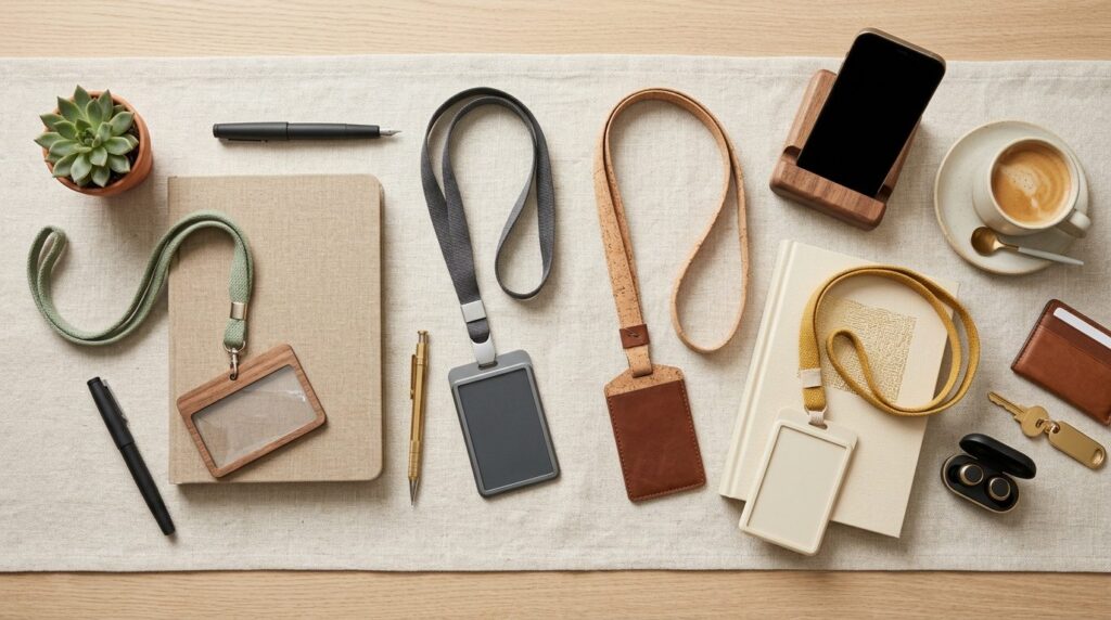 Overhead flat lay composition of various modern lanyards and