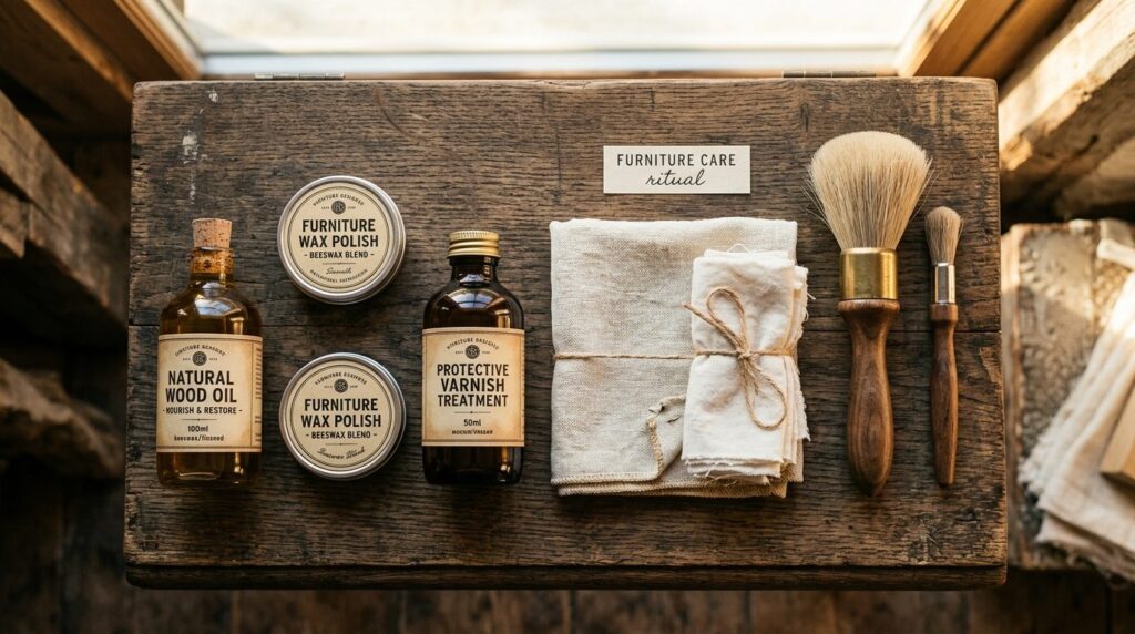 Elegant flat-lay composition of vintage furniture care produ