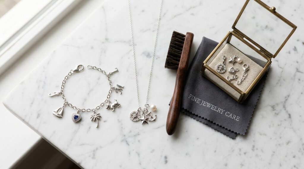 Close-up flat lay of charm bracelet and charm necklace arran