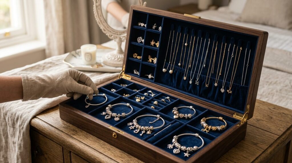 Organized jewelry storage scene showing charm bracelets and