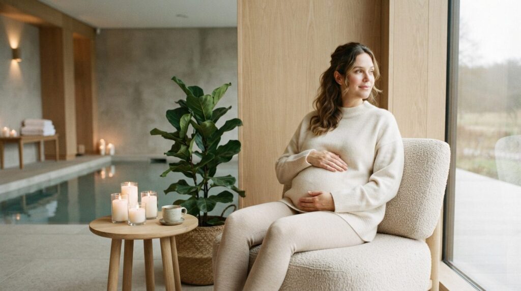Professional lifestyle stock image, 16:9 ratio, pregnant wom