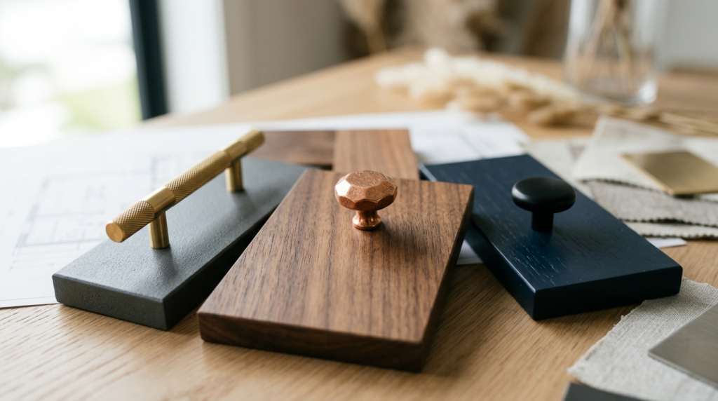 Close-up detail shot of luxury kitchen hardware and cabinet 