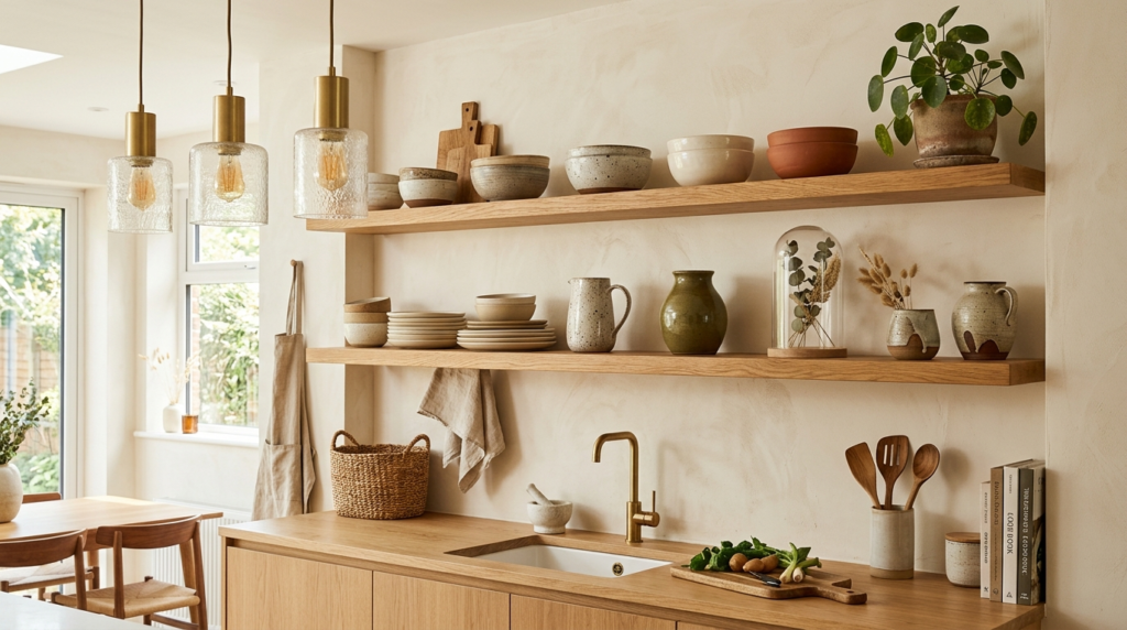 Styled open kitchen shelving display with curated kitchenwar