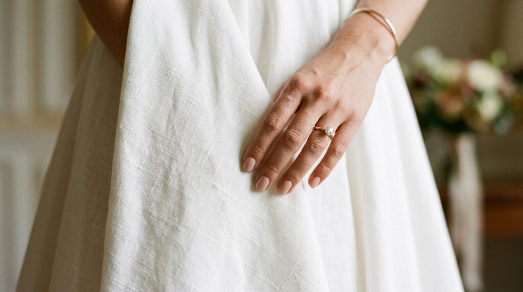 Close-up detail shot of a brides hand touching the fabric o