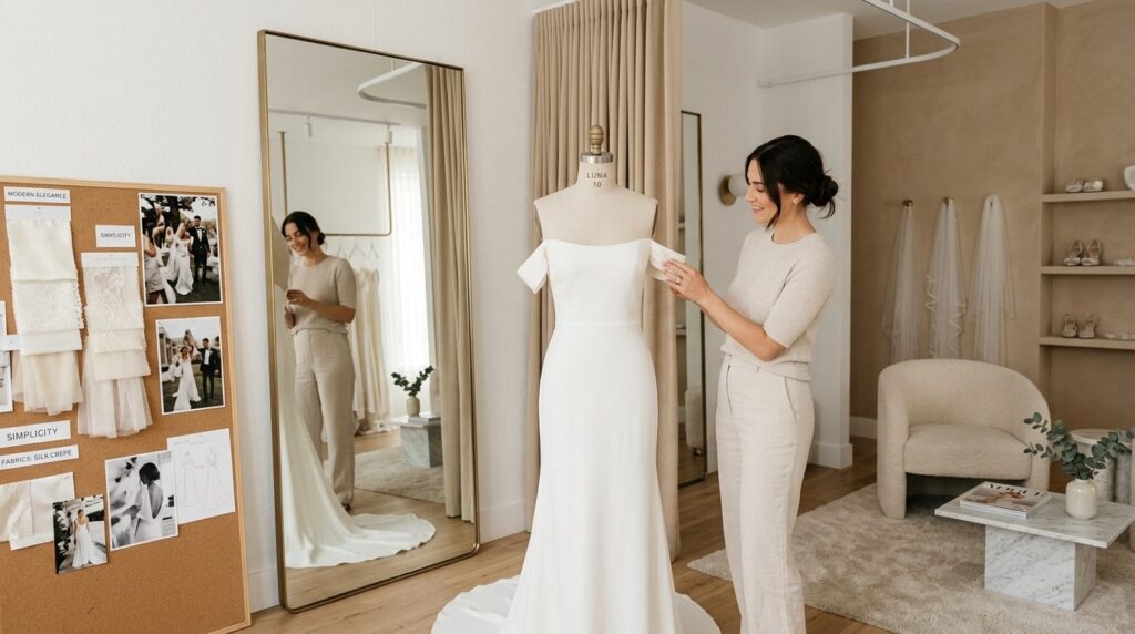Modern bridal fitting room scene with a woman examining a si