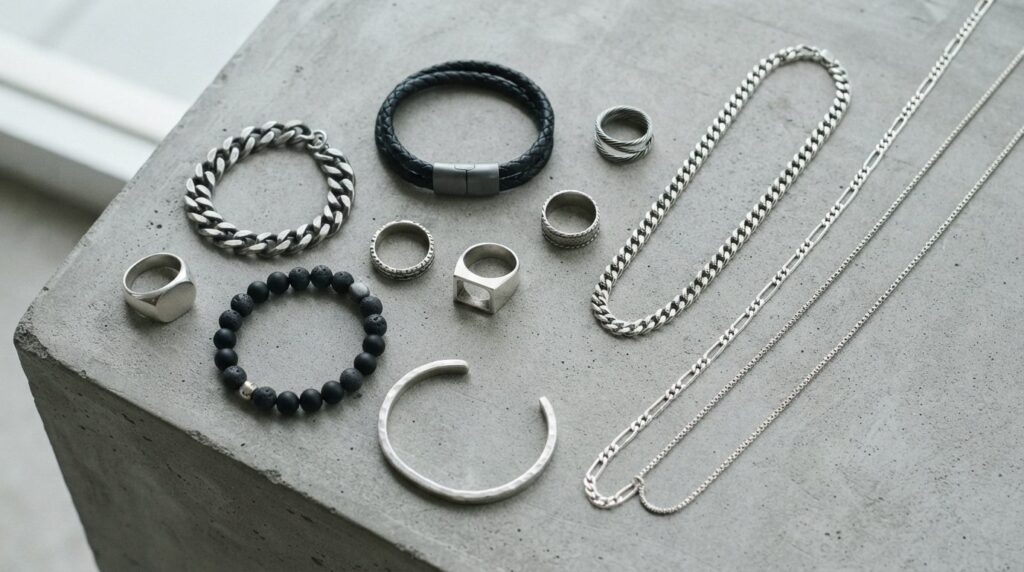 Overhead flat lay photography of contemporary mens jewelry 