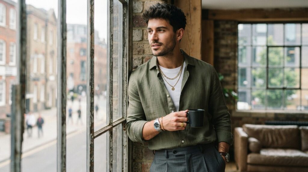 Lifestyle fashion shot of a stylish man in casual business a