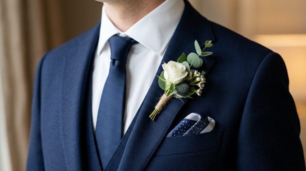Close-up detail shot of grooms wedding attire: tailored nav