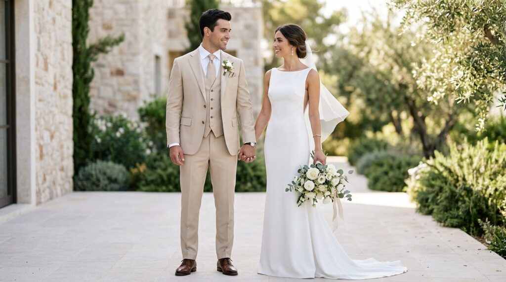 Modern bride and groom styling coordination: groom in perfec