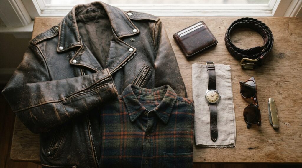 Flat lay photography of curated secondhand mens fashion ite