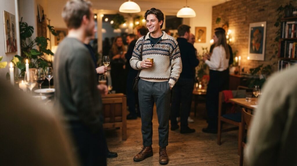Stylish young man at casual evening gathering wearing elevat