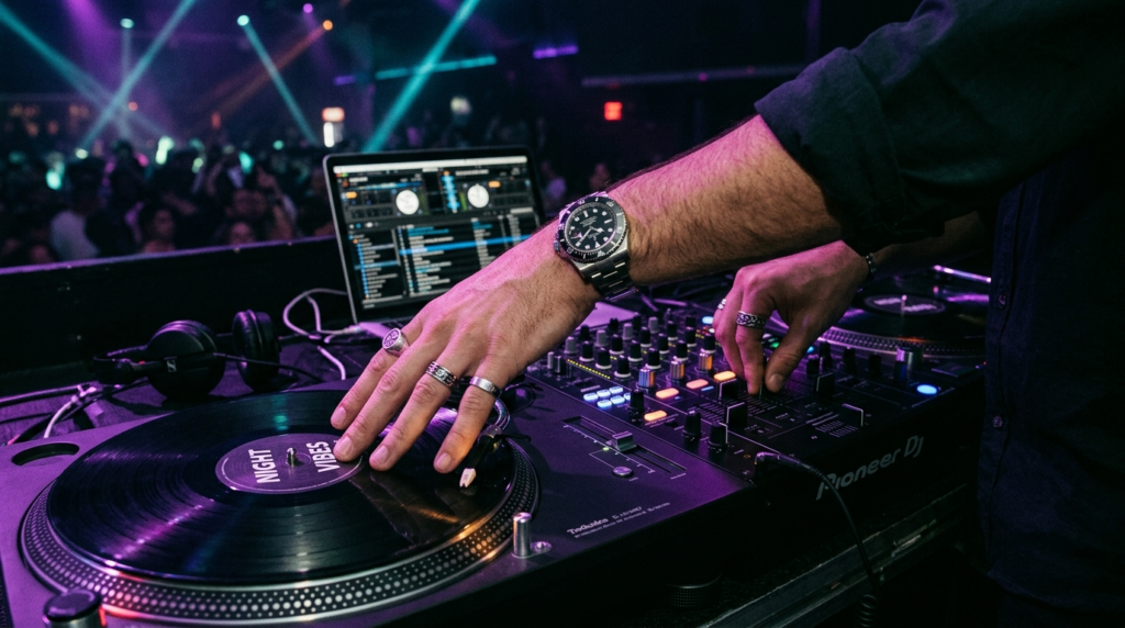 Close-up of a stylish male DJs hands expertly mixing on pro
