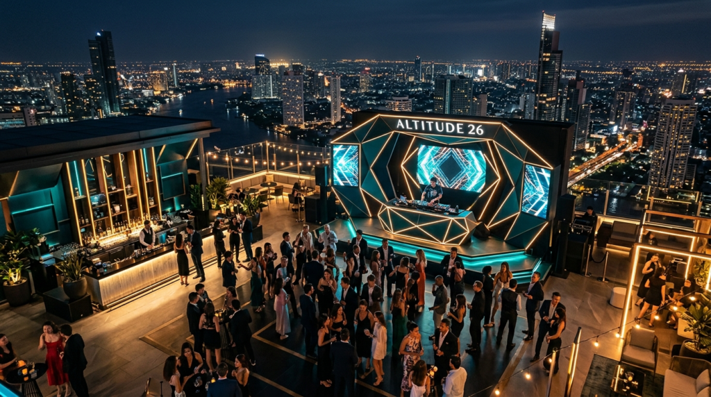 Aerial view of an elegant 2026 rooftop event venue at night 