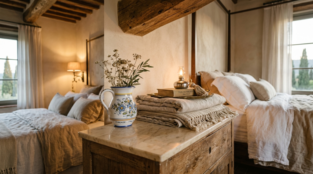 Close-up detail of curated Tuscan villa interior design elem