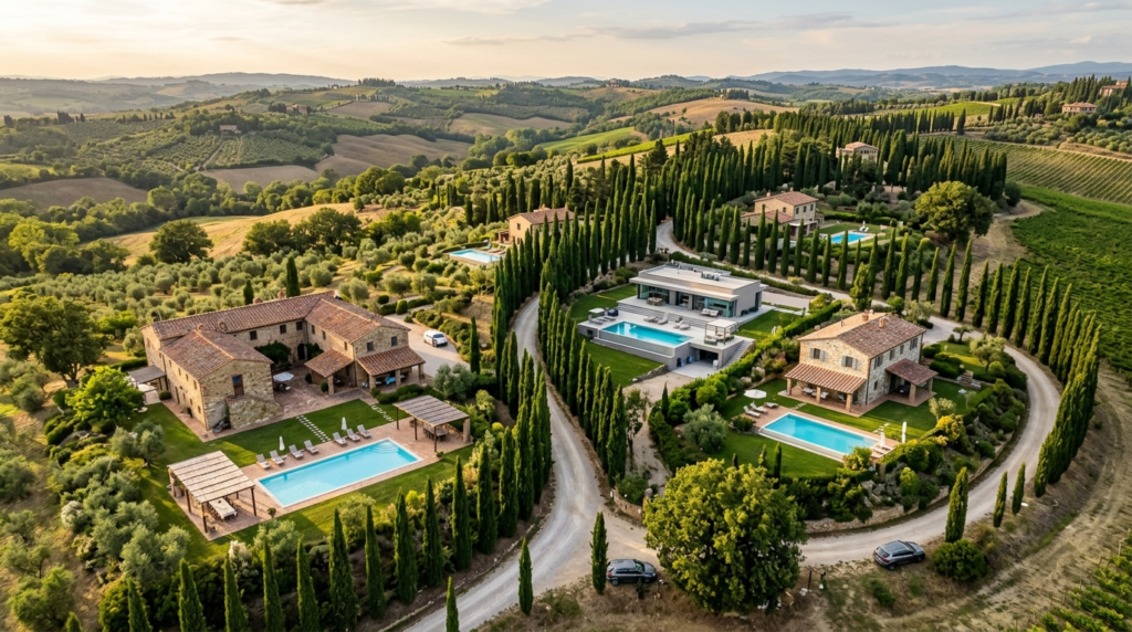 Aerial view of multiple Tuscan vacation rental villas with p
